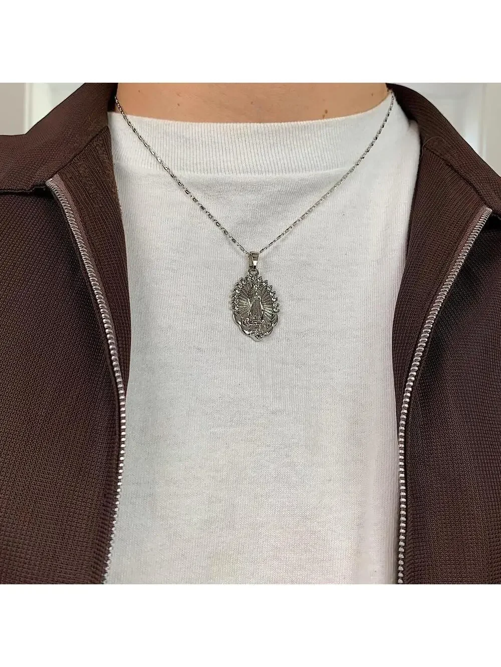 Silver Saint Marry rhinestone pendant y2k 90s style necklace chain. Grunge punk
